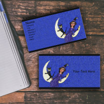 Witch On Crescent Moon Black Cat Blue