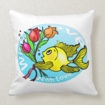 WITH LOVE goldfish holding flowers in blue bubble Throw Pillow