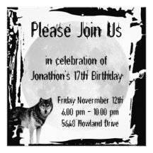 Wolf and Full Moon Gothic Birthday Invitation