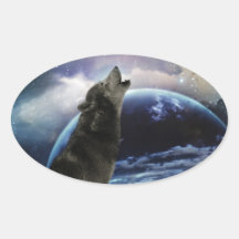 Wolf howling at the moon oval stickers