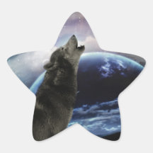 Wolf howling at the moon star stickers