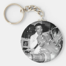 Woman Factory Worker with Aircraft Engine Keychain