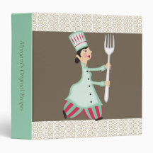 Woman female chef pantaloons fork recipe binder