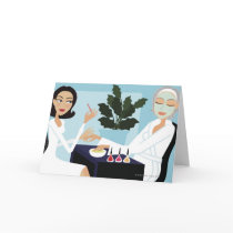 Woman having manicure and facial at spa greeting cards