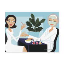 Woman having manicure and facial at spa post card