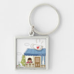 Woman in a coffee shop key chain