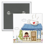 Woman in a coffee shop pinback buttons