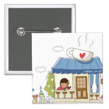 Woman in a coffee shop pinback buttons