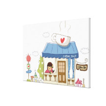 Woman in a coffee shop stretched canvas prints
