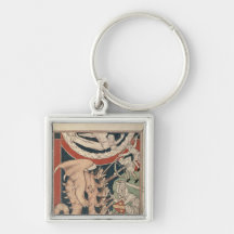 Woman in cloud above five men fighting key chain