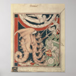 Woman in cloud above five men fighting print