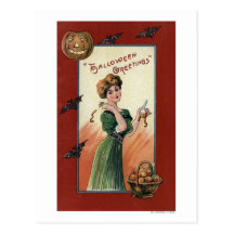 Woman in Green Dress Peeling Apple Postcards
