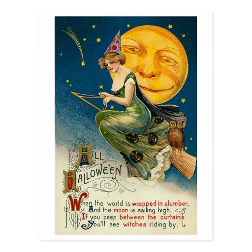 Woman on Broomstick All Halloween Postcards