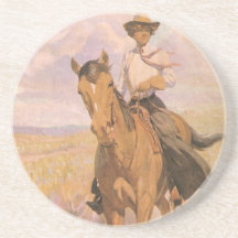 Woman on Horse by Dunton, Vintage Cowgirl Cowboy Drink Coasters