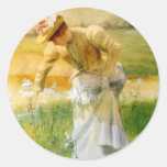 Woman Picking Flowers Round Stickers