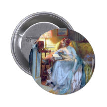 Woman reading by the lamp antique painting button