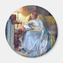 Woman reading by the lamp antique painting refrigerator magnets