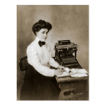 Woman seated at a desk with a vintage typewriter postcards