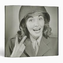 Woman Wearing an Army Helmet 3 Ring Binders