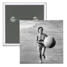 Woman with a Beach Ball Pinback Button
