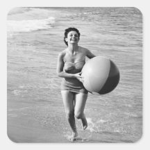 Woman with a Beach Ball Square Stickers