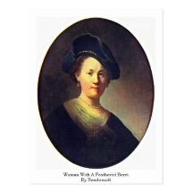 Woman With A Feathered Beret By Rembrandt Post Cards