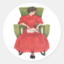 Woman with Book, Green Chair Round Stickers