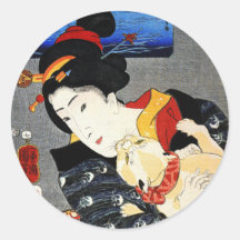 Woman with Cat -Japanese Art - Utagawa Kuniyoshi Round Sticker