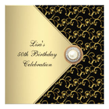 Womans Gold Black Pearl Classy 50th Birthday Party Invites