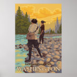 Women Fly Fishing - Rainier National Park - Poster posters