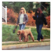 Women Walking a Dog Ceramic Tile