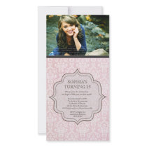 Women's Birthday White & Pink Damask Invite Photo Cards