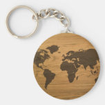 Wood Grain World Map Key Chain