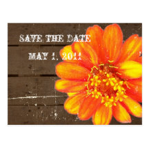 Wood Planks Orange Zinnia Save the Date Post Cards