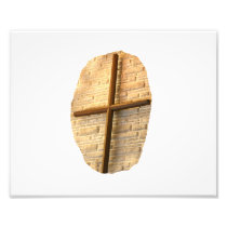 Wooden thin cross on white brick church wall photographic print
