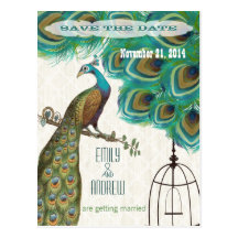 Woodgrain Playbill  Peacock Birdcage Save the Date Post Cards