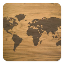 Woodgrain Textured World Map Square Stickers