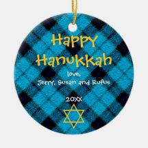 Wooly Blue Plaid Round Hanukkah Ornament