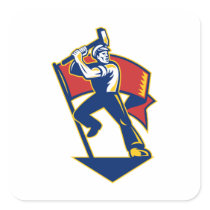 Worker With Sledge Hammer And Flag Retro Square Sticker
