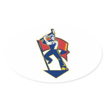 Worker With Sledge Hammer And Flag Retro Oval Stickers