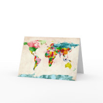 World Map Watercolors Greeting Cards