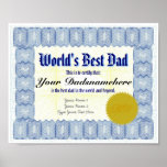 World's Best Dad Certificate Poster