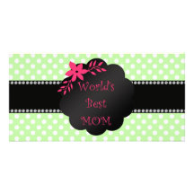 World's best mom green polka dots custom photo card