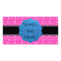 World's best mom pink hearts photo card