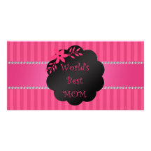 World's best mom pink stripes customized photo card