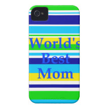 Worlds Best Mom Summer Stripes Teal Lime Yellow iPhone 4 Cases