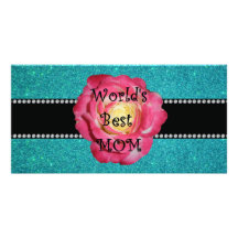 World's best mom turquoise glitter photo cards