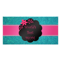 World's best mom turquoise glitter customized photo card