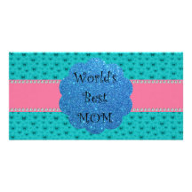 World's best mom turquoise hearts butterflies custom photo card
