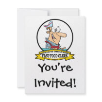 WORLDS GREATEST FAST FOOD CLERK MEN CARTOON PERSONALIZED INVITE